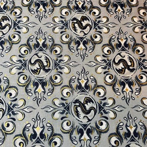 May include: A repeating pattern featuring stylized dragons within circular frames, set against a light gray backdrop. The design incorporates gold, navy, and white decorative elements, creating a medieval or fantasy theme.