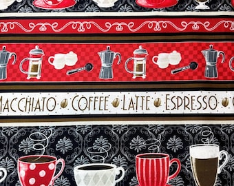 Coffee Lover Stoff: Benartex Stripe Schwarz / Rot Baumwolle