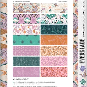 May include: A fabric bundle titled "Everglade" by Western Wildflower. The image displays 14 fat quarter fabric swatches with various patterns, including birds, floral designs, and geometric shapes in shades of pink, teal, and orange. The text "14 PC FAT QUARTER BUNDLE" is visible.