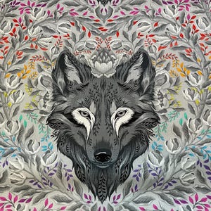 May include: A detailed illustration of a wolf's head, centered against a backdrop of gray floral patterns. The wolf is depicted in shades of gray with white accents around the eyes. Colorful leaves in red, yellow, and purple add contrast to the design.