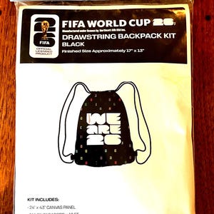 May include: A black FIFA World Cup 26 drawstring backpack kit. The kit includes a 24" x 43" canvas panel, nylon paracord, and instructions. The finished size is approximately 17" x 13". The backpack design features the text "WE ARE 26".