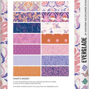 May include: A fabric bundle titled "Everglade" by Western Wildflower, featuring 14 fat quarter fabric swatches. The swatches display various patterns in shades of purple, orange, and blue, including floral, leaf, and animal prints. The text "What's Inside?" is visible.