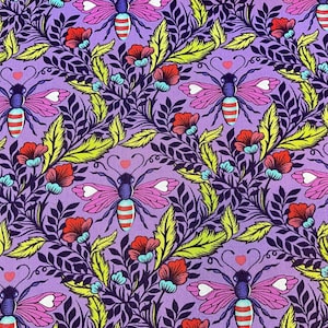 May include: A repeating pattern on a purple background features stylized bees with pink wings and red and white striped bodies. The design also includes red flowers, green and yellow leaves, and dark purple foliage.