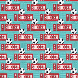 May include: A repeating pattern featuring soccer balls and the word "SOCCER" in red rectangles. The background is a light teal color with small white dots. The soccer balls are black and white.