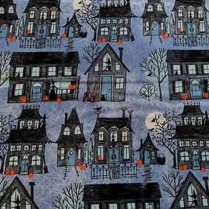 May include: A fabric print featuring a repeating pattern of dark gray houses on a light blue background with white spiderweb textures. The design includes silhouettes of witches, black cats, bare trees, full moons, and small orange pumpkins.