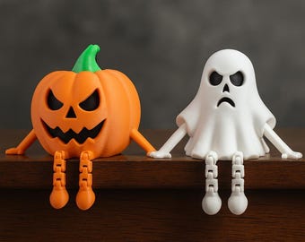 Halloween Pumpkin & Ghost Shelf Sitters – Cute Spooky Decor, Articulated Figurines, Jack-O’-Lantern, Ghost Decorations, Fall Home Decor