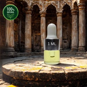 Puede incluir: Una peque&ntilde;a botella de vidrio con un cuentagotas blanco, que contiene un l&iacute;quido amarillo. La botella est&aacute; etiquetada como "1 ML" y se encuentra sobre un fondo borroso. Un logotipo circular verde con las palabras "100% NATURAL" est&aacute; en la esquina superior izquierda.
