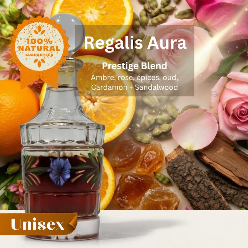May include: A clear glass perfume bottle with a dark red liquid and a blue flower design. The bottle is labeled "Regalis Aura, Prestige Blend" with ingredients listed. The image includes orange slices, rose petals, and the text "Unisex."