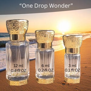 Puede incluir: Tres frascos de perfume de vidrio transparente con tapas y bases doradas ornamentadas. Los frascos est&aacute;n etiquetados con su volumen: 12 ml, 6 ml y 3 ml. El texto "One Drop Wonder" est&aacute; en la parte superior.