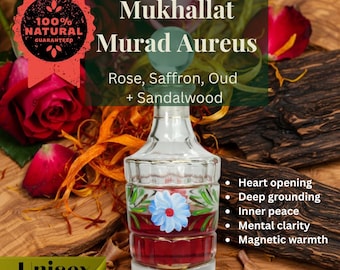 Murad Aureus | Aceite de perfume floral y amaderado Mukhallat | Rosa, sándalo, almizcle vegano y azafrán | Elixir espiritual artesanal - 100% natural