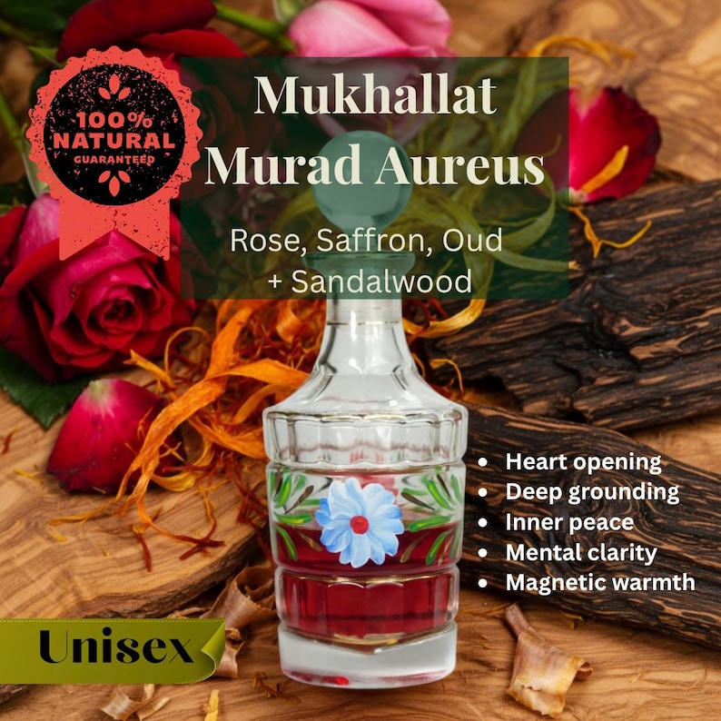 May include: A clear glass perfume bottle with a red liquid and a blue flower design. The bottle is labeled "Mukhallat Murad Aureus" with "Rose, Saffron, Oud + Sandalwood" and "Unisex". The image includes red roses and text: "100% Natural Guaranteed".