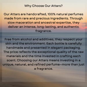 May include: Text on a gradient background reads "Why Choose Our Attars?" followed by details about handcrafted, natural perfumes made with rare ingredients. The text highlights the intense, long-lasting fragrance and the absence of alcohol and additives.