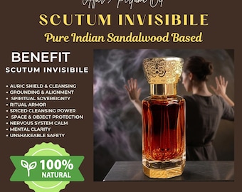 May include: A glass bottle of Scutum Invisibile perfume oil with a gold-toned ornate cap. The amber-colored liquid is visible inside the hexagonal bottle. Text on the dark background includes Attar, Perfume Oil, and a list of benefits.