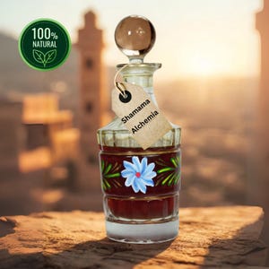 May include: A decorative glass perfume bottle with a clear stopper and a brown liquid inside. The bottle is adorned with a painted floral design and a tag that reads "Shamama Alchemia". A green circular sticker with the words "100% NATURAL" is visible.
