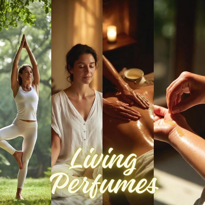 May include: A collage of images promoting wellness. A person practices yoga, another meditates, and a massage is performed. The text "Living Perfumes" is displayed in a cursive font, suggesting a focus on natural scents and relaxation.