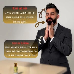 Puede incluir: Un hombre con un traje oscuro demuestra la aplicaci&oacute;n de fragancia. El texto de la imagen dice: "BARBA Y CABELLO: Aplique una peque&ntilde;a cantidad en la barba o el cabello para un aroma m&aacute;s duradero." y "PECHO Y ROPA: Aplique una gota en el pecho o la parte superior del torso y en la ropa de algod&oacute;n, para mantener la fragancia cerca de usted."