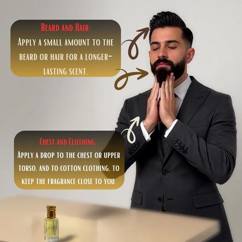 Puede incluir: Un hombre con un traje oscuro demuestra la aplicaci&oacute;n de fragancia. El texto de la imagen dice: "BARBA Y CABELLO: Aplique una peque&ntilde;a cantidad en la barba o el cabello para un aroma m&aacute;s duradero." y "PECHO Y ROPA: Aplique una gota en el pecho o la parte superior del torso y en la ropa de algod&oacute;n, para mantener la fragancia cerca de usted."