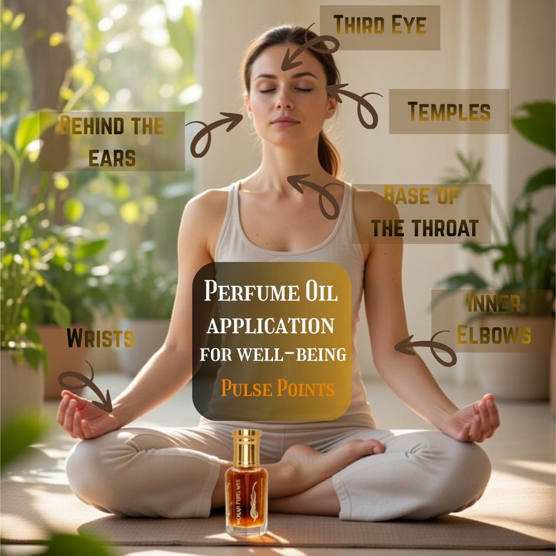 Puede incluir: Una mujer en posici&oacute;n de yoga con un frasco de perfume. El texto de la imagen dice "Aplicaci&oacute;n de aceite de perfume para el bienestar, puntos de pulso" con flechas que se&ntilde;alan los puntos de pulso. El frasco es de color &aacute;mbar con una tapa dorada.