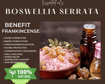 May include: A brown graphic advertisement for Boswellia Serrata essential oil featuring a bowl of pink salt crystals topped with frankincense resin, next to two glass bottles. Text lists benefits including energy purification and stress relief.