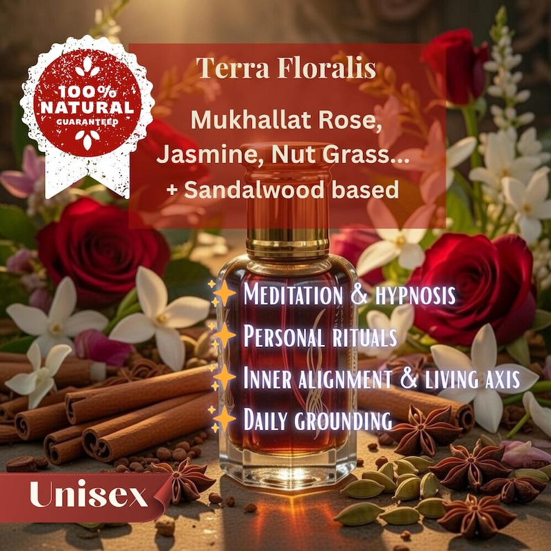 Puede incluir: Un frasco de perfume con tapa dorada y l&iacute;quido marr&oacute;n rodeado de flores, palitos de canela y especias. La etiqueta dice "Terra Floralis" y enumera ingredientes. El texto tambi&eacute;n menciona "Meditaci&oacute;n & Hipnosis" y "Unisex".