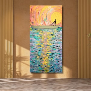 Fishing Boat - Original Acrylic painting of a village fisherman, nature, animals, fish, water