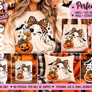 Puede incluir: Un diseño gráfico digital que muestra un fantasma de dibujos animados con un lazo de estampado de leopardo, sosteniendo una bebida de calabaza y haciendo el signo de la paz. El fantasma está junto a una calabaza y murciélagos.