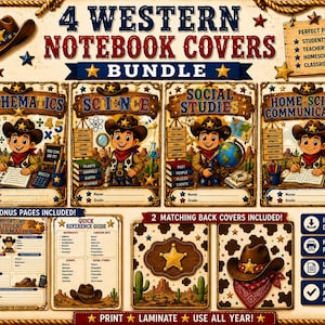 4 Western Notebook Covers Bundle | Printable School Covers PDF | Math, Science, Social Studies &  Communication | Instant Download