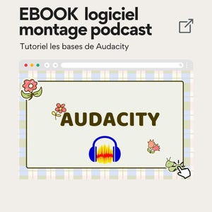 以下が含まれることがあります： 「AUDACITY」という単語が大きな茶色の文字で表示されているウェブサイトの画面キャプチャ。このウェブサイトは、オーディオ編集に使用されるAudacityソフトウェアに関するものです。ウェブサイトは、チェック柄の薄い青色の背景になっています。中に黄色の音波が入った青いヘッドフォンのアイコンがあります。画面には、小さな花と虫のアイコンもあります。
