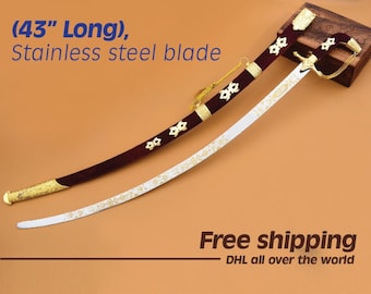Espada cimitarra Shamshir hecha a mano, hoja de acero inoxidable, empuñadura de latón dorado.