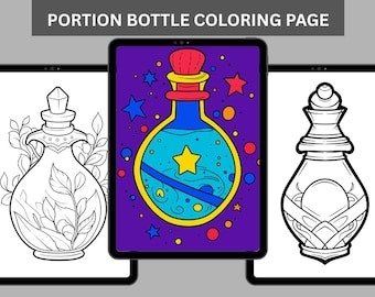Libro para colorear de botellas de pociones, frascos de pociones mágicas, libros para colorear mágicos, dibujos para colorear de fantasía, libros para colorear acogedores, páginas para colorear imprimibles