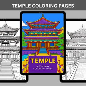 Könnte beinhalten: Drei digitale Tablets mit Tempel-Malvorlagen. Das mittlere Tablet zeigt eine lebendige, farbenfrohe Tempelillustration mit dem Wort "TEMPLE" in Gelb. Die anderen beiden Tablets zeigen Schwarz-Weiß-Strichzeichnungen von Tempeln.