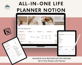 Può includere: Uno screenshot di uno spazio di lavoro di Notion che mostra un modello di planner di vita tutto in uno. Il modello include sezioni per l'organizzazione, il benessere, le finanze, la crescita personale e le abitudini. Lo spazio di lavoro è aperto su un laptop e un tablet, con il testo "All-in-One Planner PLR" in alto.
