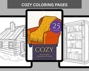 Puede incluir: Tres tabletas digitales que muestran páginas para colorear. La tableta central muestra un sillón acogedor con una manta amarilla, el texto "COZY" y "25 PAGES". Las otras tabletas muestran una casa y una estantería.