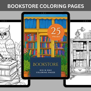 May include: Three digital coloring pages with bookstore themes. One shows an owl on books, another a bookstore facade with 25 pages, and the third a detailed bookshelf. The top banner reads "BOOKSTORE COLORING PAGES".