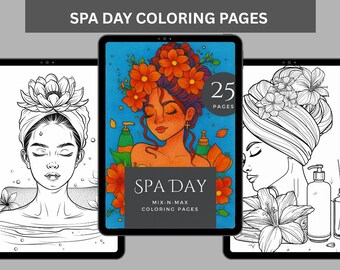 May include: Three digital tablets showing spa-themed coloring pages. The central tablet features a colourful illustration of a woman with flowers, while the others display black and white line drawings. Text on the central tablet reads "SPA DAY" and "25 PAGES".