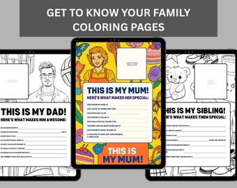 Puede incluir: Tres páginas para colorear digitales en tabletas. Las páginas se titulan "This is my Dad!", "This is my Mum!" y "This is my Sibling!". Cada página tiene un espacio para una foto y indicaciones para completar los detalles sobre el miembro de la familia.