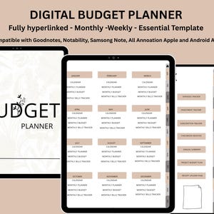 Pode incluir: Planeador de orçamento digital num tablet, com um design minimalista. O planeador inclui secções para calendários mensais, acompanhamento do orçamento e gestão de despesas. O texto "Budget Planner" é visível.