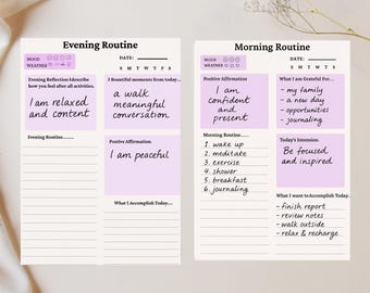 May include: Two-page daily planner with "Evening Routine" and "Morning Routine" sections. The planner includes prompts for mood, weather, affirmations, and gratitude. The text is in black and purple.