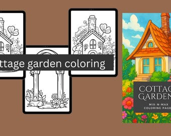 Puede incluir: La imagen muestra un libro para colorear e ilustraciones digitales con el tema del jardín de una casa de campo. La portada del libro para colorear presenta una casa de campo colorida con un tejado naranja y un jardín. Las ilustraciones digitales son dibujos lineales en blanco y negro de casas de campo y elementos de jardín. Se muestra el texto "cottage garden coloring".