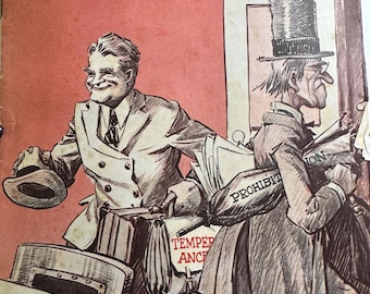Può includere: Copertina della rivista The Literary Digest del novembre 1933. L'illustrazione mostra due uomini in abito, uno dei quali porta una borsa con le parole "Temperanza" e "Proibizione". Il titolo della rivista è in lettere bianche.