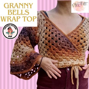 May include: A crochet wrap top with a granny square pattern in shades of brown, beige, and tan. The top has a V-neckline and long sleeves with bell bottoms. The top is tied at the waist with a long cord.