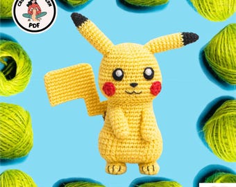 かぎ針編みのピカチュウの編み図。あみぐるみのピカチュウのぬいぐるみ