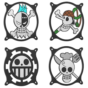 May include: Four black and white skull and crossbones designs on a white background. Each design is a different pirate crew symbol from the anime One Piece. The symbols are the Jolly Roger for the Straw Hat Pirates, the Heart Pirates, the Big Mom Pirates, and the Whitebeard Pirates.