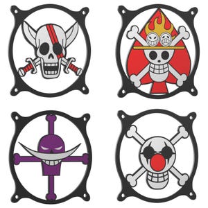 May include: Four different black and white fan grill designs featuring various skull and crossbones designs. The first design features a skull with a red bandana and two swords crossed behind it. The second design features a skull with a red heart and a flame on top of it. The third design features a purple skull with a cross behind it. The fourth design features a skull with a red nose and two crossed bones behind it.