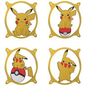 Peut inclure: Quatre grilles de ventilateur dorées avec un motif de personnage Pikachu. Chaque grille présente une pose différente de Pikachu, dont une avec un Poké Ball.