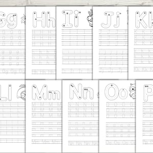 May include: A set of ten educational alphabet practice worksheets featuring letters G through P. Each page displays uppercase and lowercase letters with directional arrows for tracing, followed by rows of dotted lines for writing practice and small black and white illustrations.