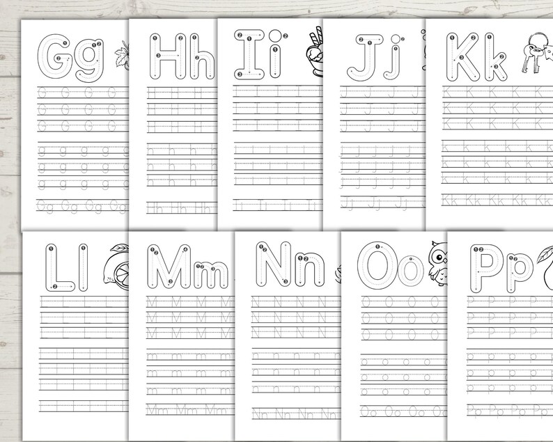 May include: A set of ten educational alphabet practice worksheets featuring letters G through P. Each page displays uppercase and lowercase letters with directional arrows for tracing, followed by rows of dotted lines for writing practice and small black and white illustrations.