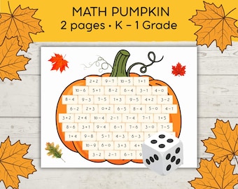 Könnte beinhalten: Ein ausdruckbares Mathe-Arbeitsblatt mit dem Titel MATH PUMPKIN 2 pages K-1 Grade, das eine orangefarbene Kürbisillustration mit einfachen Additions- und Subtraktionsaufgaben sowie einen weißen sechsseitigen Würfel zeigt.