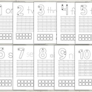 May include: A set of ten black and white educational worksheets for learning numbers one through ten. Each page features a large number with directional arrows for tracing, rows for handwriting practice, a ten-frame grid, and the written number word.