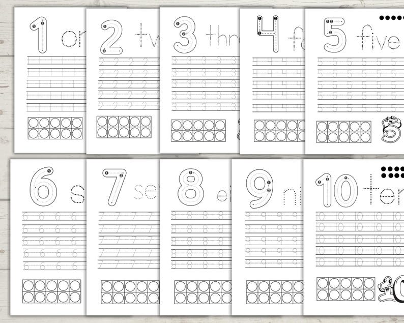 May include: A set of ten black and white educational worksheets for learning numbers one through ten. Each page features a large number with directional arrows for tracing, rows for handwriting practice, a ten-frame grid, and the written number word.